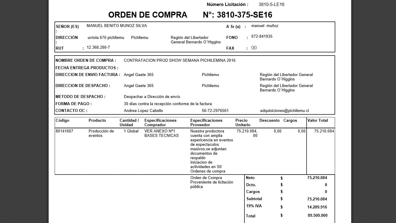 Orden de compra entregada por el Municipio a Manuel Muñoz. (MercadoPúblico)