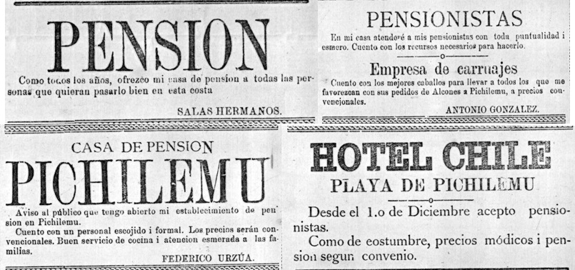 Avisos publicitarios de alojamientos en el periódico “El Puerto” (1908).  Colección Biblioteca Nacional de Chile