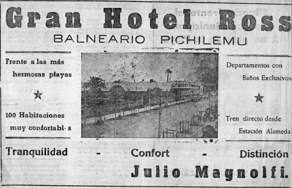Aviso publicitario del Gran Hotel Ross, en el periódico “Pichilemu” (1944). Colección Biblioteca Nacional.