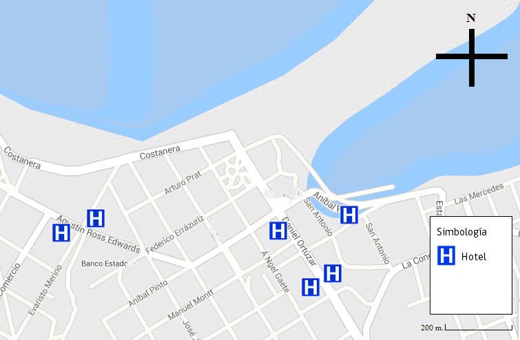 Detalle de mapa de sector de Pichilemu. Fuente: Google Maps. Información tomada de periódico “Pichilemu” (1944).. De izquierda a derecha se encuentran los hoteles: Gran hotel Ross, Gran hotel Casino, City Hotel, Hotel San Fernando, Hotel Asthur, y Hotel Mundial. 
