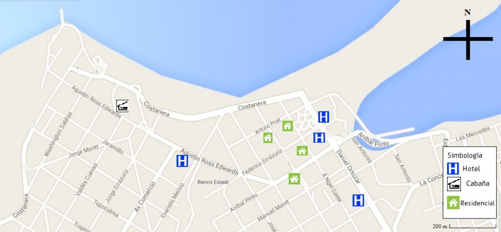 Detalle de mapa de sector central de Pichilemu. Fuente del mapa: Google Maps. Información tomada de periódico “Pichilemu”.