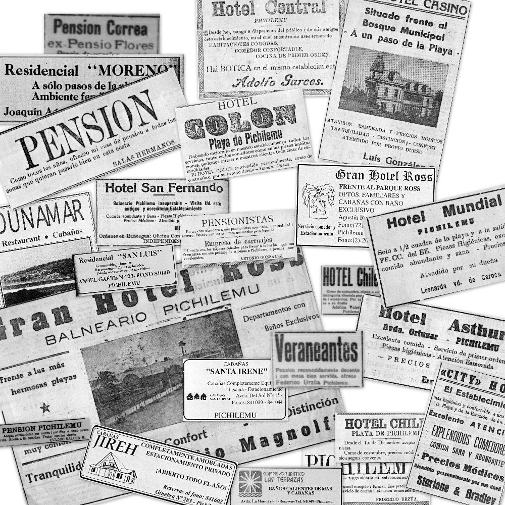 Avisos de periódicos “Pichilemu” (1944, 86), “El Puerto” (1908), “El Marino” (1917) y “El Progreso” (1997).